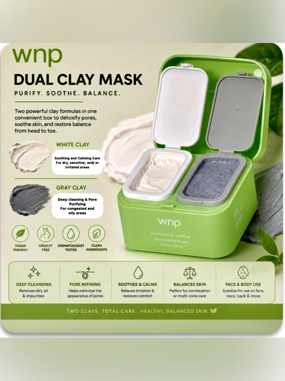 Dual sided Glacial Clay Facial Mask w/ 5 types of Hyaluronic Acid WNP K-Beauty